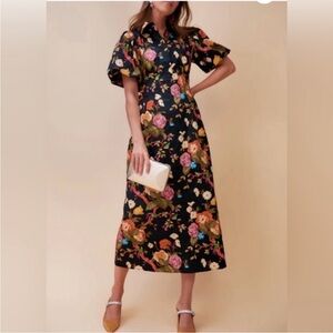 Tuckernuck Black Floral Midi Dress with Puff Sleeves